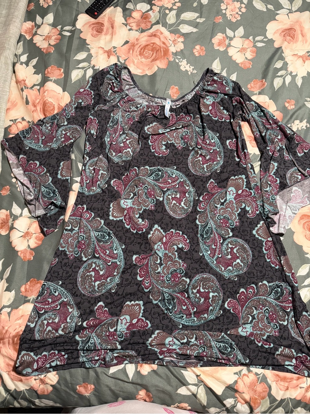 Women’s Paisley Bell-Sleeve dress - Black with Teal & Burgundy